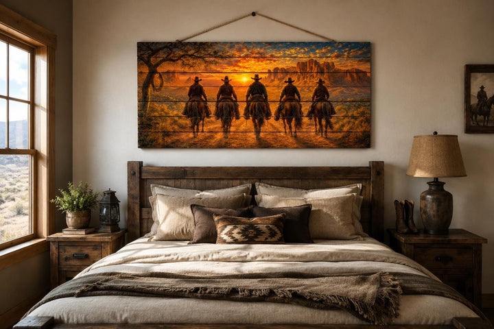 Five Cowboys At Desert Sunset wood print hanging above a rustic wooden bed in a Western-style room.