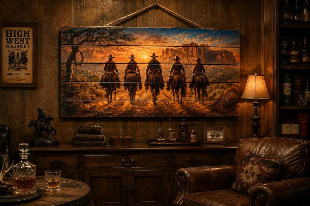 Five cowboys riding horses at sunset, printed on a wide horizontal wood panel in a rustic room.