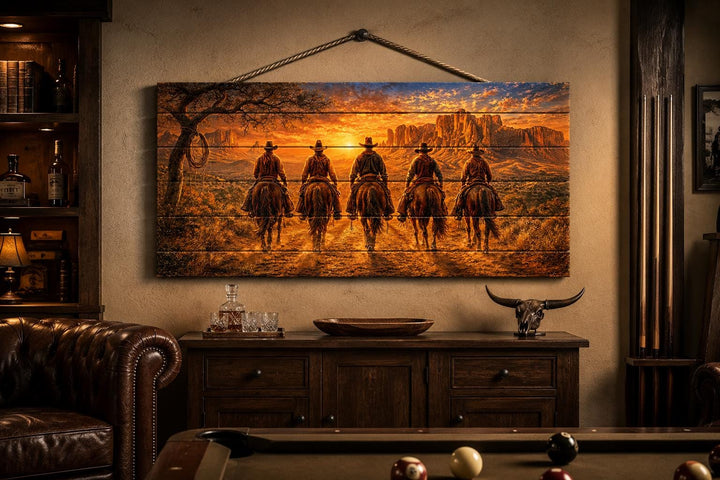 Five cowboys riding horses at sunset, printed on a horizontal wood panel wall art piece.