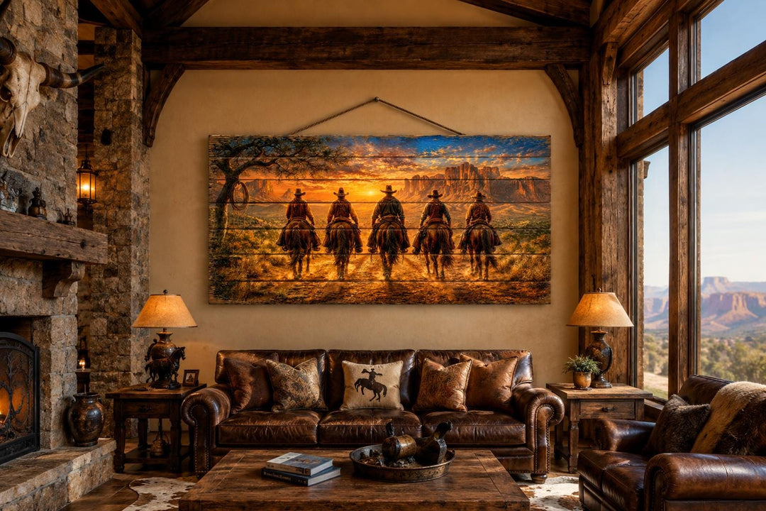 Five Cowboys At Desert Sunset wood print hanging above a leather sofa in a rustic living room.