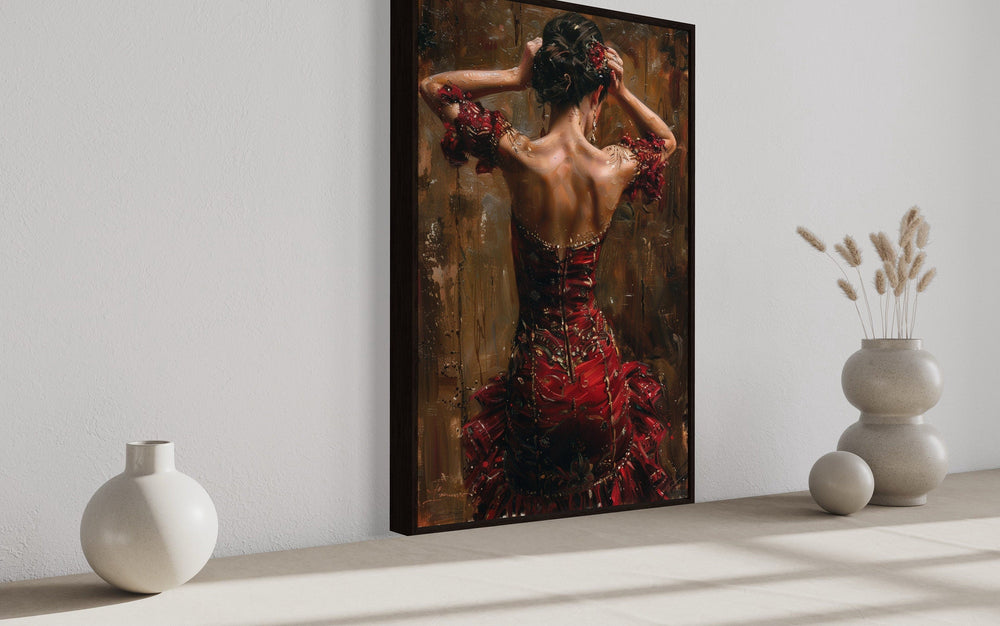 Flamenco Dancer In Red Dress Framed Canvas Wall Art side view