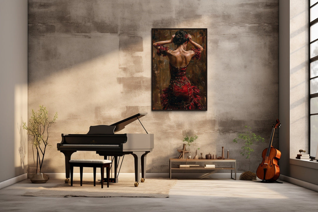 Flamenco Dancer In Red Dress Framed Canvas Wall Art