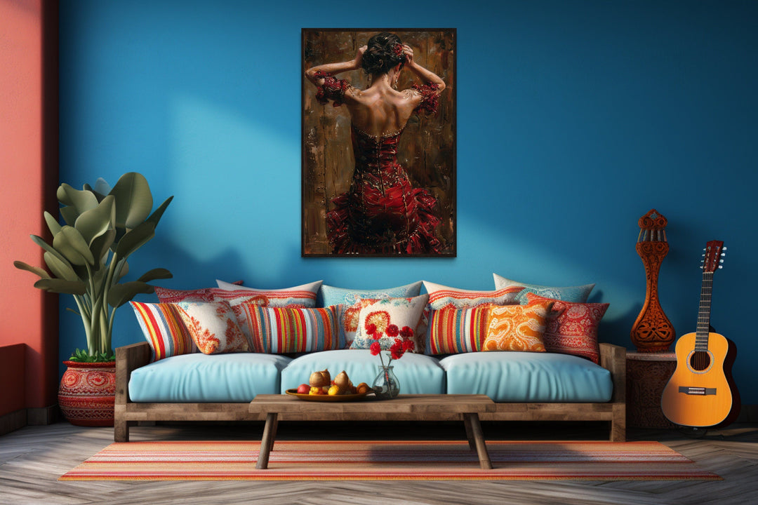 Flamenco Dancer In Red Dress Framed Canvas Wall Art