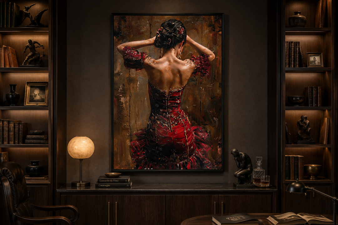 Framed canvas wall art of a flamenco dancer in a red dress, seen from behind in a dark study.