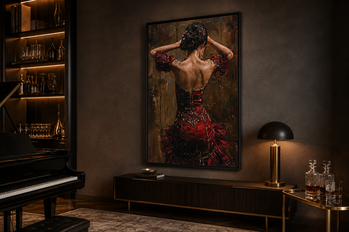 Framed canvas wall art of a Flamenco dancer in a red dress, seen from behind in a moody room.