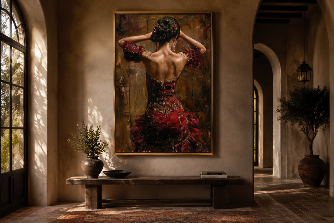 Framed canvas wall art of a flamenco dancer in a red dress, viewed from behind in a rustic hallway.