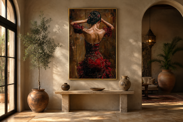 Framed canvas wall art of a flamenco dancer in a red dress, displayed in a Mediterranean room.