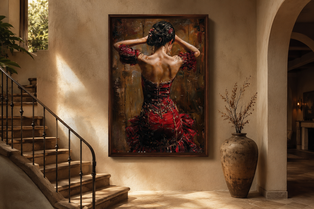 Framed canvas wall art of a flamenco dancer in a red dress, viewed from behind in a rustic interior.