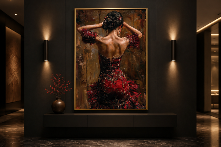 Framed canvas wall art of a flamenco dancer in a red dress, viewed from behind in a dark room.