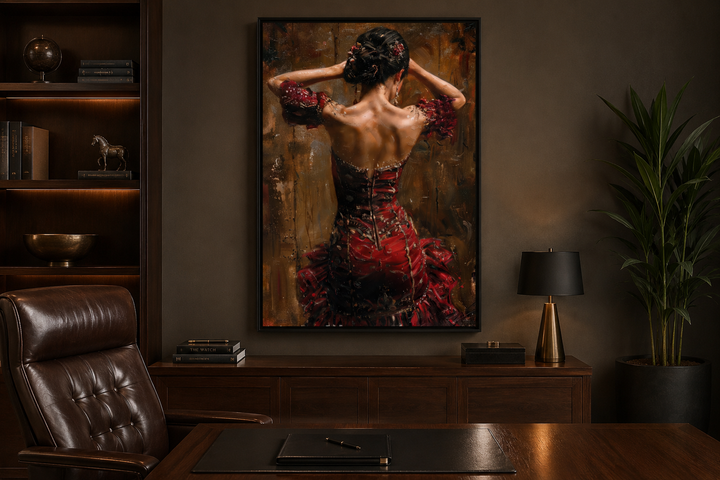 Framed canvas wall art of a flamenco dancer in a red dress hanging in a dark, wood-paneled office.