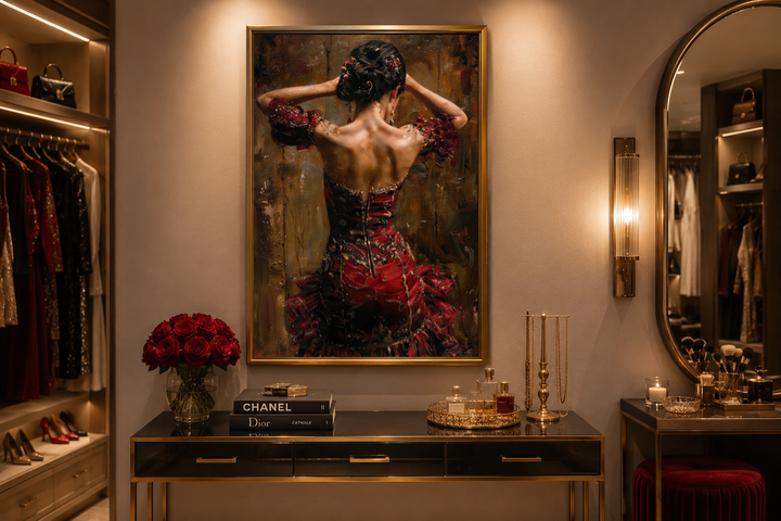 Framed canvas wall art of a flamenco dancer in a red dress, displayed above a black console table.