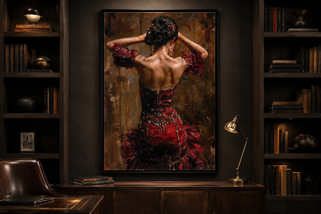 Framed canvas art of a flamenco dancer in a red dress, displayed in a dark wood library setting.