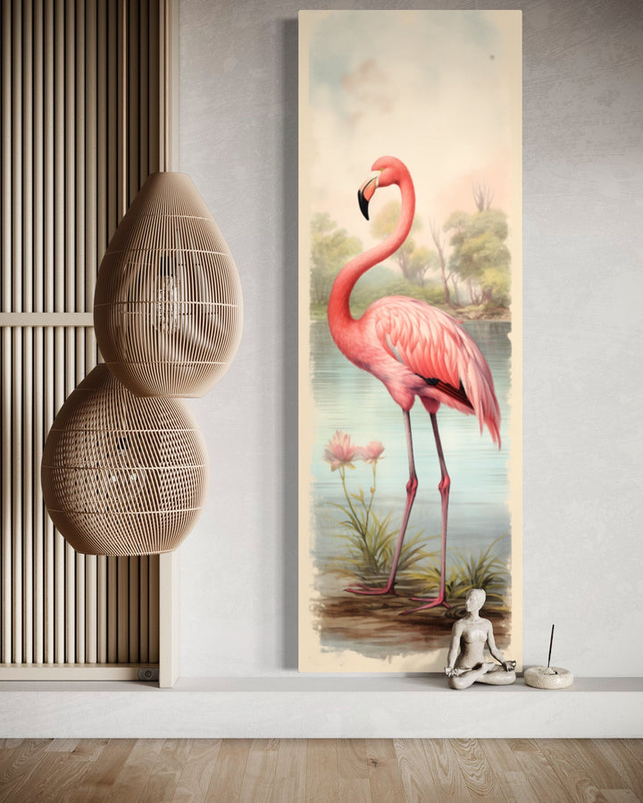 Flamingo At The Beach Narrow Vertical Framed Canvas Wall Art