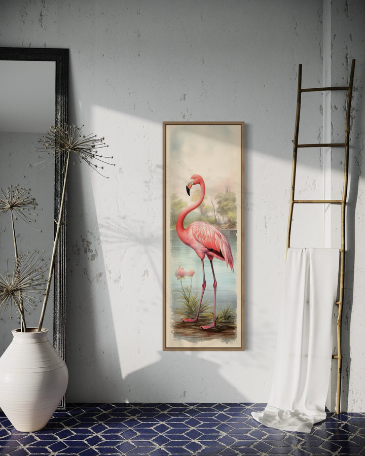 Flamingo At The Beach Narrow Vertical Framed Canvas Wall Art