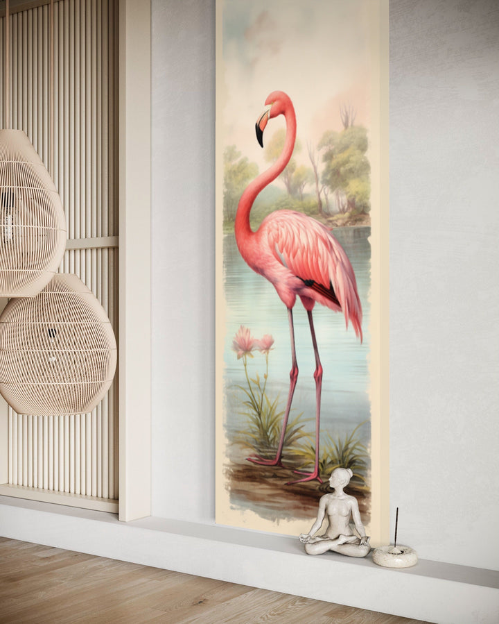 Flamingo At The Beach Narrow Vertical Framed Canvas Wall Art