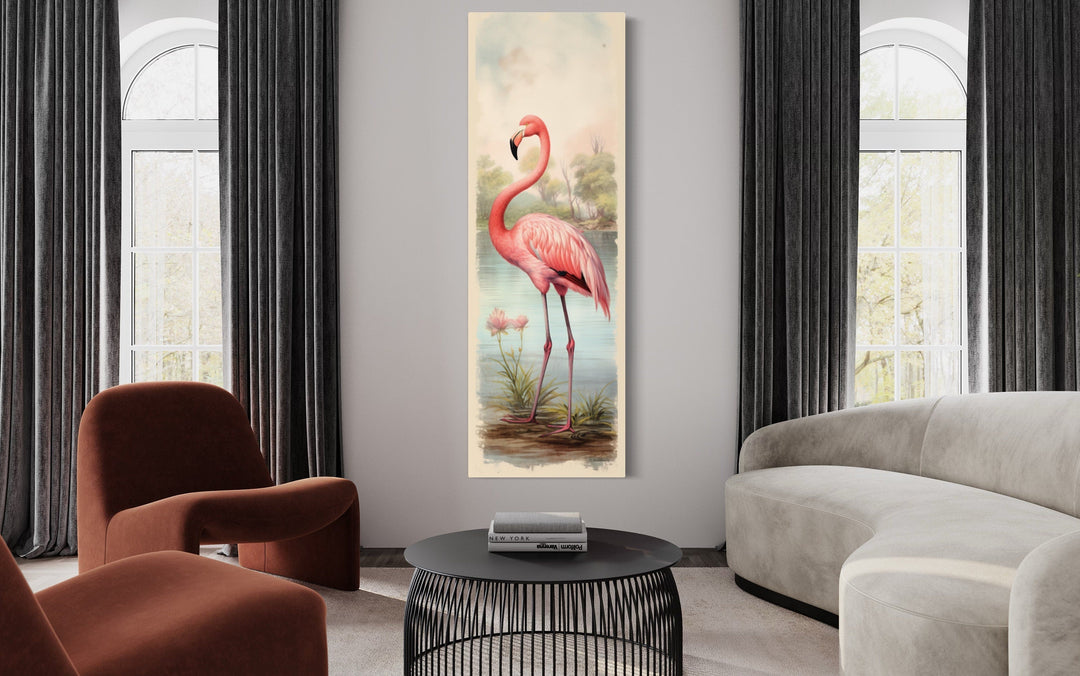 Flamingo At The Beach Narrow Vertical Framed Canvas Wall Art