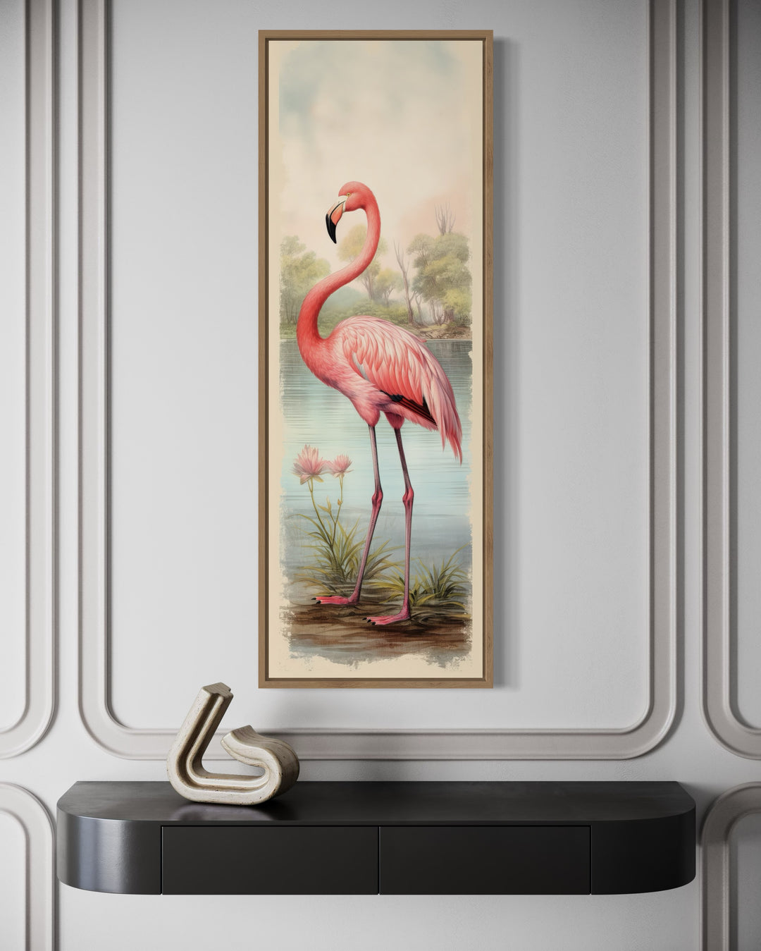 Flamingo At The Beach Narrow Vertical Framed Canvas Wall Art