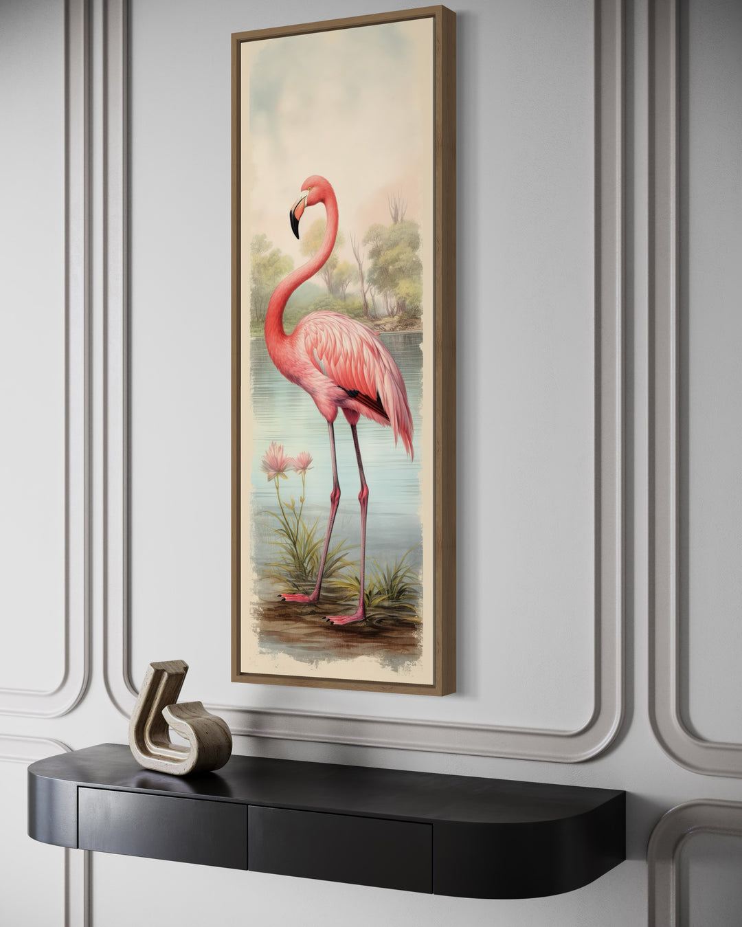 Flamingo At The Beach Narrow Vertical Framed Canvas Wall Art