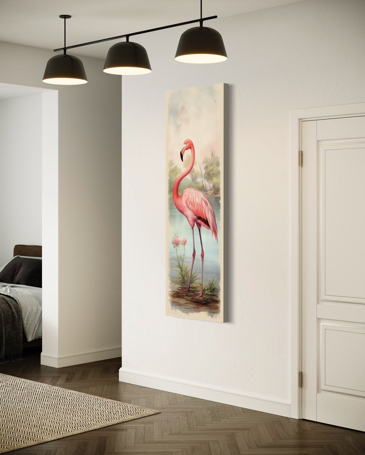 Flamingo At The Beach Narrow Vertical Framed Canvas Wall Art