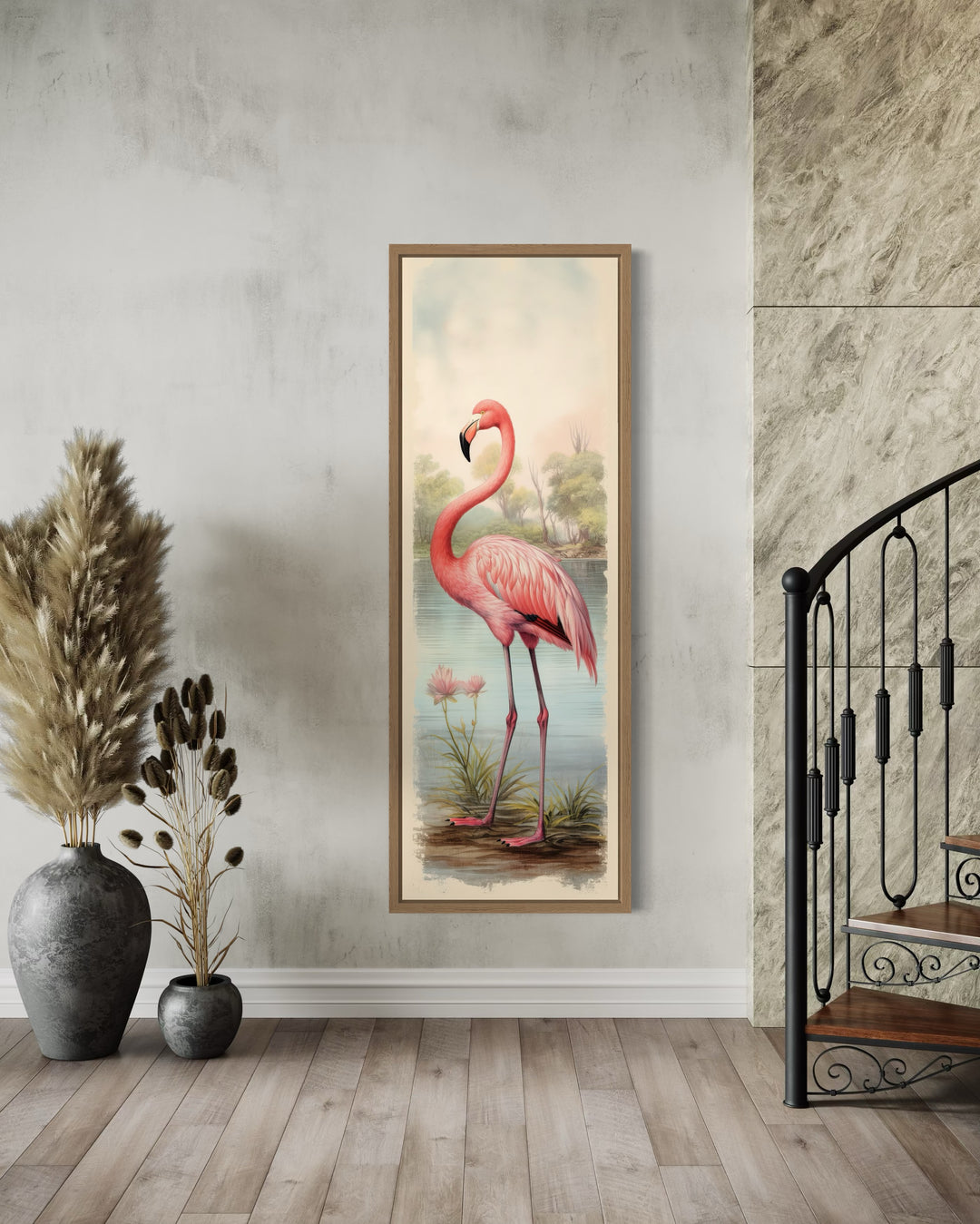 Flamingo At The Beach Narrow Vertical Framed Canvas Wall Art