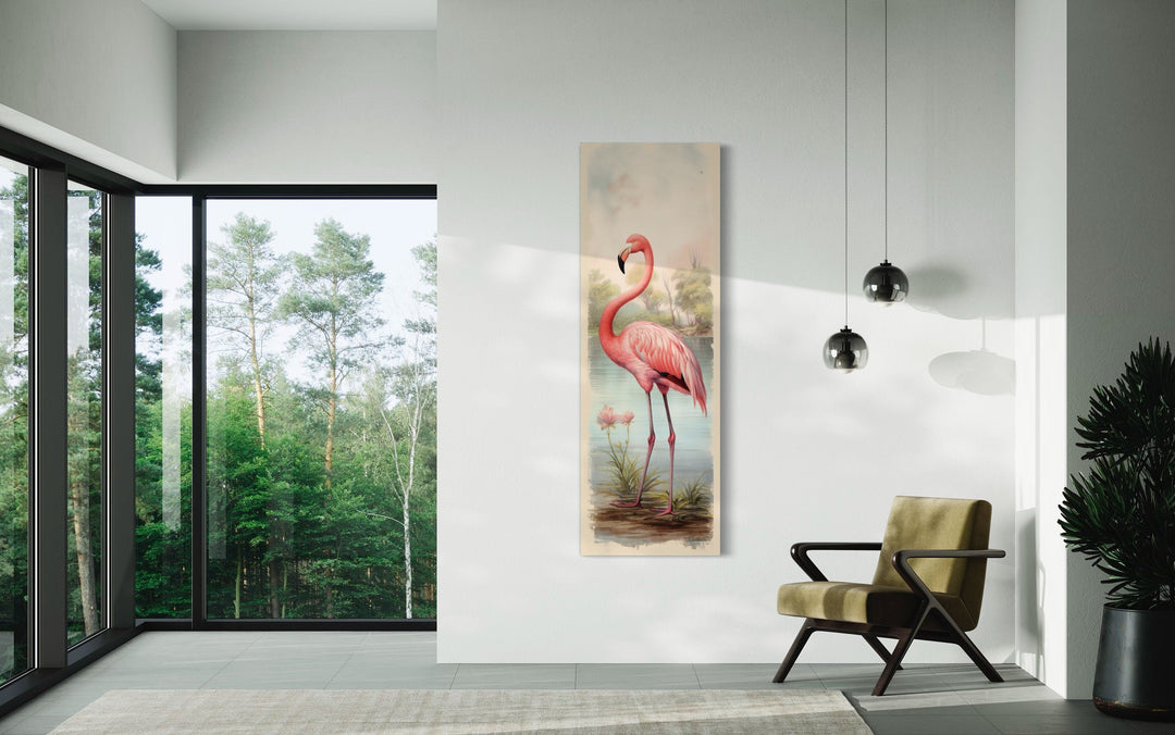 Flamingo At The Beach Narrow Vertical Framed Canvas Wall Art