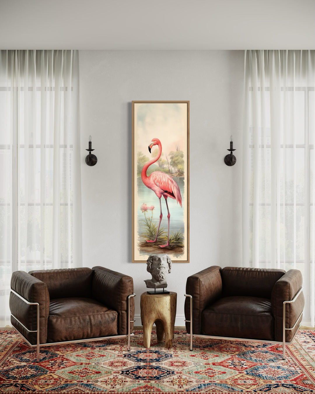 Flamingo At The Beach Narrow Vertical Framed Canvas Wall Art