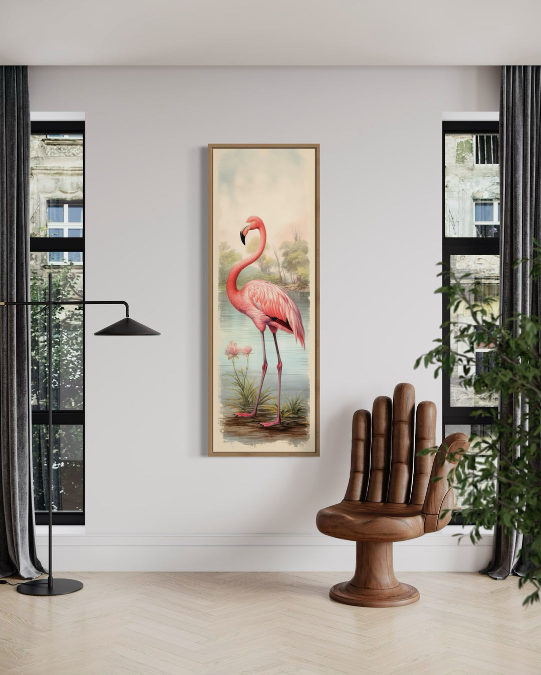 Flamingo At The Beach Narrow Vertical Framed Canvas Wall Art