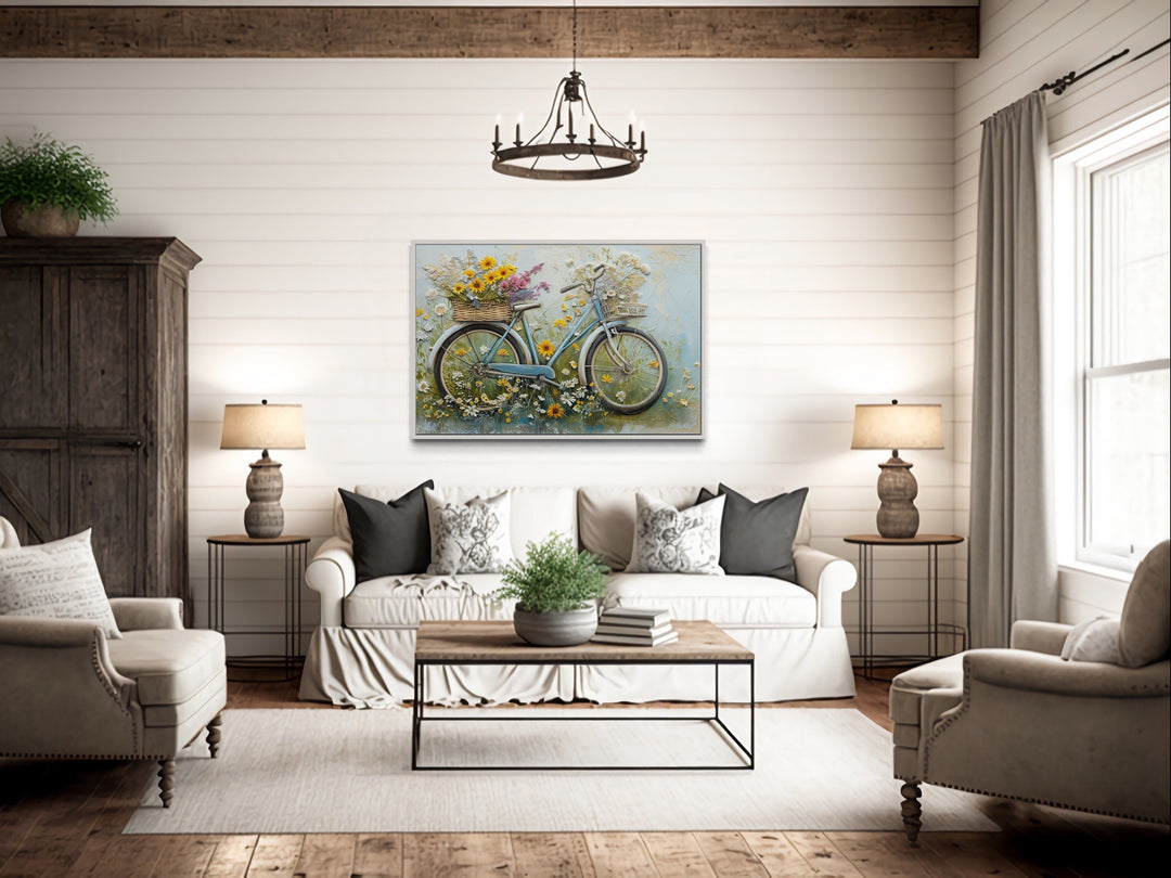 Floral Bicycle Rustic Farmhouse Framed Canvas Wall Art