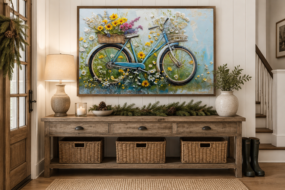 Framed canvas wall art of a vintage blue bicycle with a basket of wildflowers in a rustic entryway.