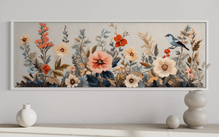 Floral Bouquet with Bird Panoramic Framed Tapestry Canvas Wall Art