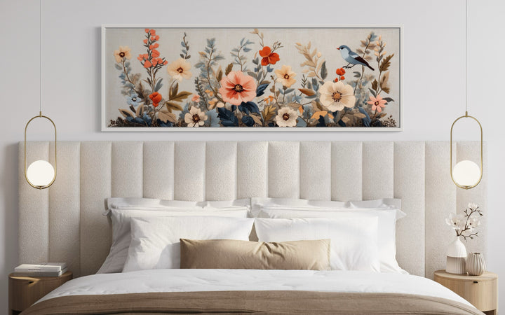 Floral Bouquet with Bird Panoramic Framed Tapestry Canvas Wall Art