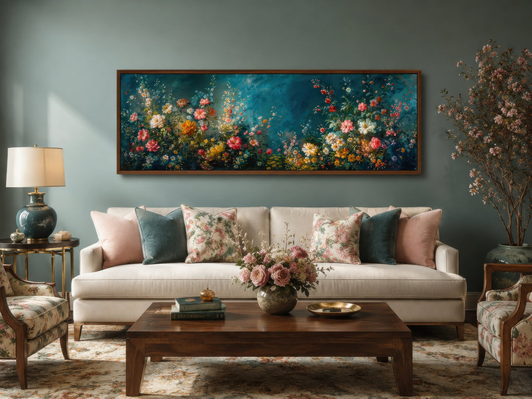Long narrow canvas wall art featuring a floral garden on a deep teal background above a white sofa.