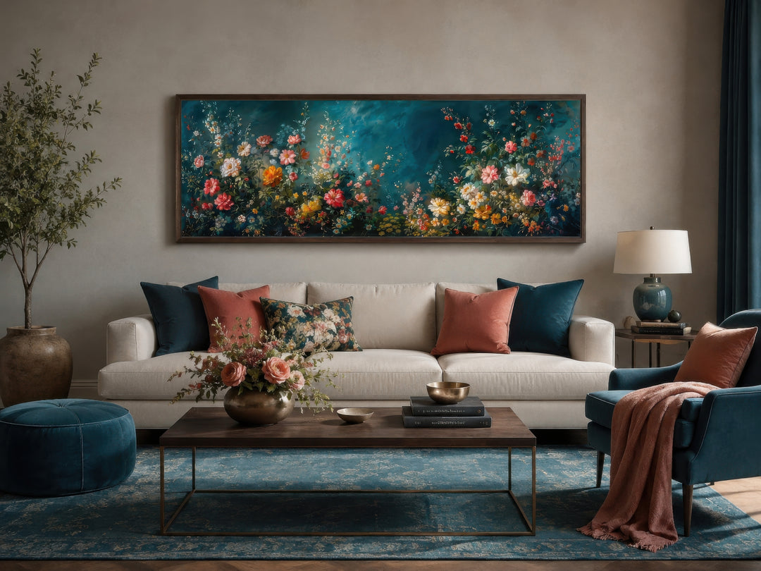 Floral garden on teal background long narrow canvas wall art hanging above a sofa in a living room.