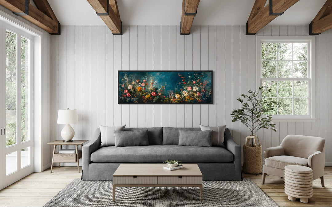 Floral garden on teal background long narrow canvas wall art hanging above a grey sofa.