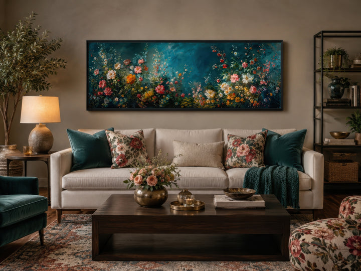 Long narrow canvas wall art featuring a floral garden on a deep teal background above a sofa.