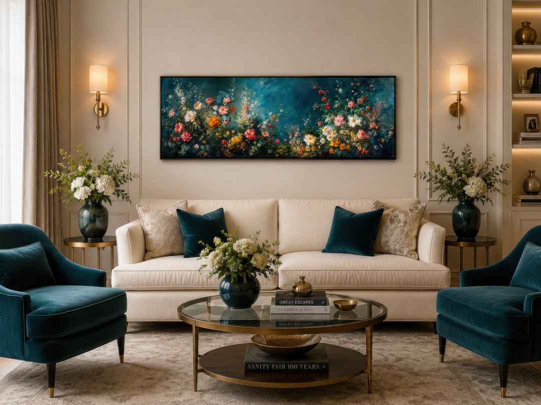 Long narrow canvas wall art featuring a floral garden on a deep teal background above a sofa.