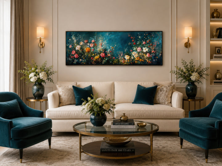 Long narrow canvas wall art featuring a floral garden on a deep teal background above a sofa.