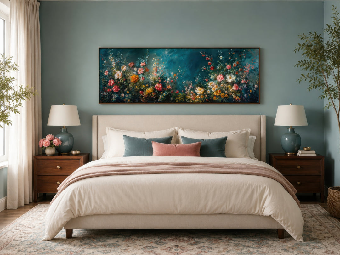 Long narrow canvas wall art featuring a floral garden on a deep teal background above a bed.
