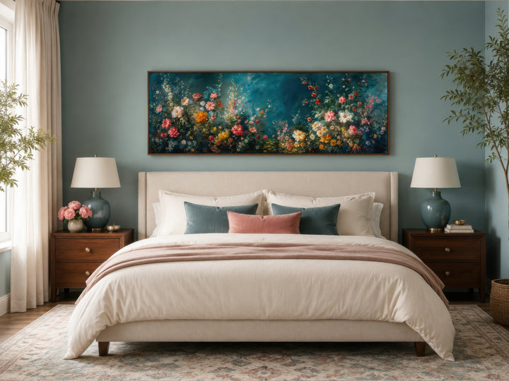 Long narrow canvas wall art featuring a floral garden on a deep teal background above a bed.