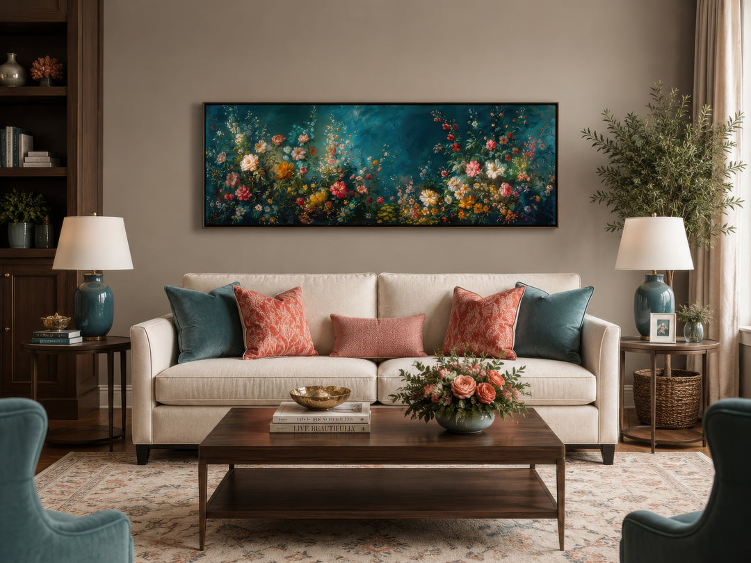 Floral Garden on Teal Background Long Narrow Canvas Wall Art hanging above a cream sofa.