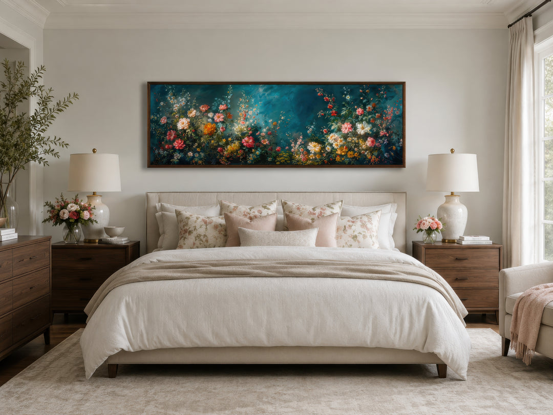 Long narrow canvas wall art featuring a floral garden on a deep teal background above a bed.