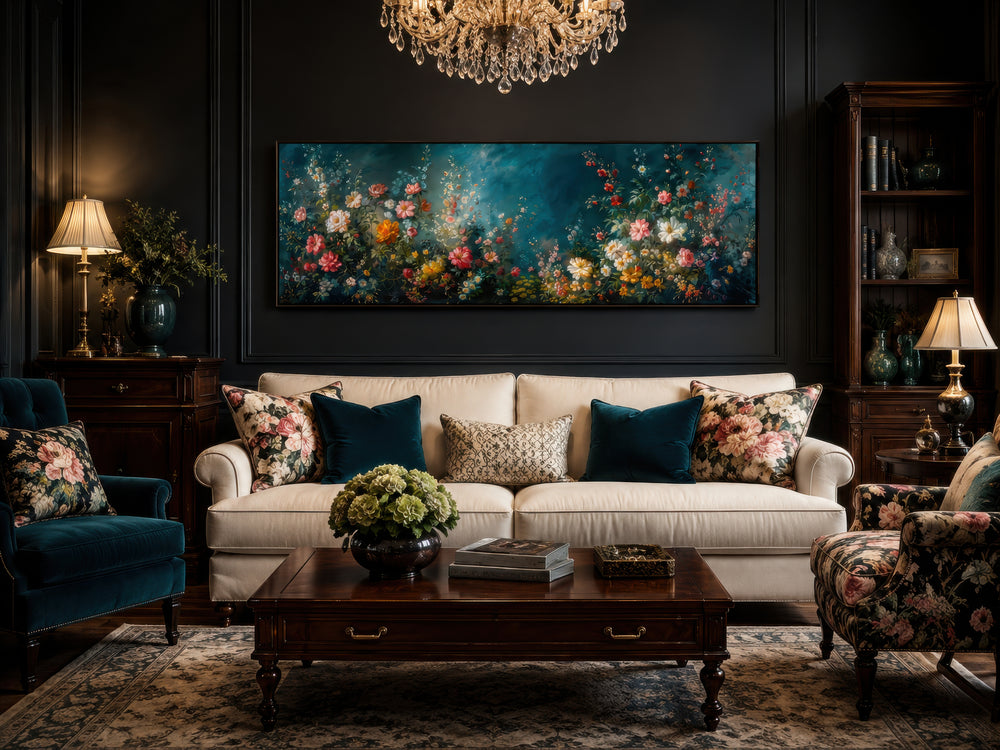 Long narrow canvas wall art featuring a floral garden on a deep teal background above a cream sofa.