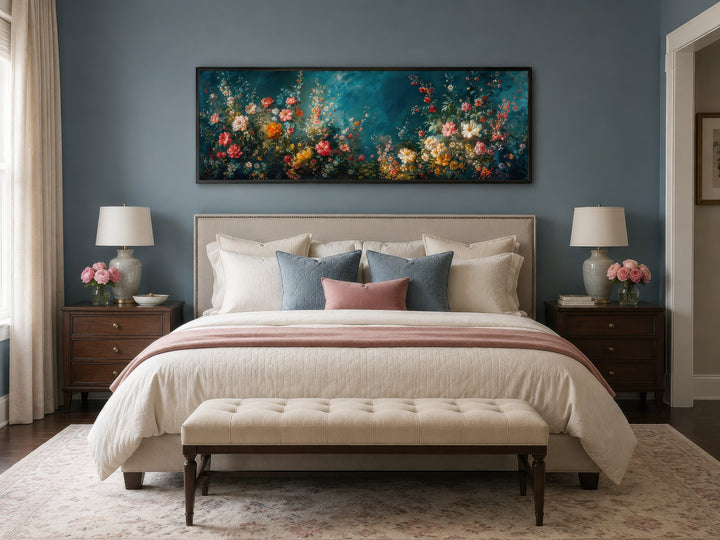 Floral Garden on Teal Background Long Narrow Canvas Wall Art hanging above a bed in a bedroom.