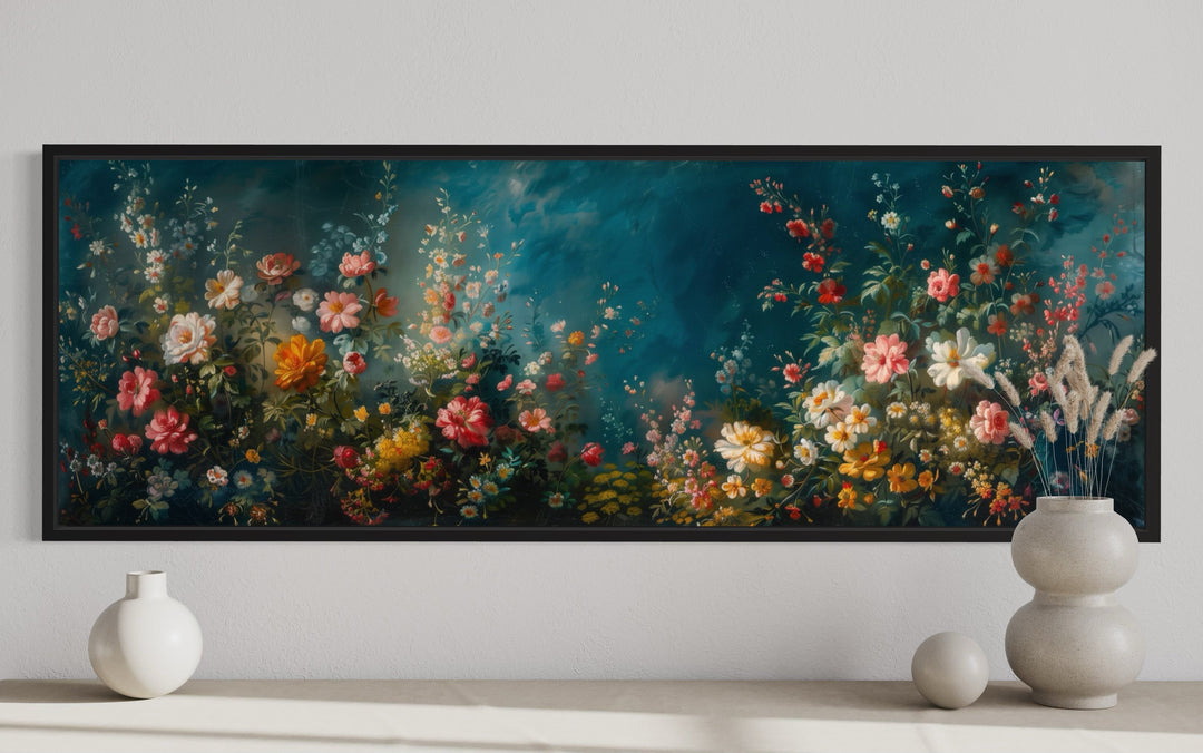 Long narrow canvas wall art featuring a floral garden painting on a deep teal background.