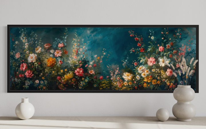 Long narrow canvas wall art featuring a floral garden painting on a deep teal background.