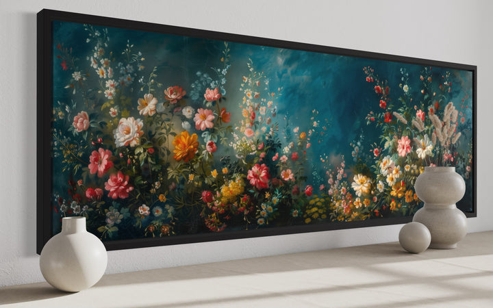 Long narrow canvas wall art featuring a floral garden painting on a deep teal background.