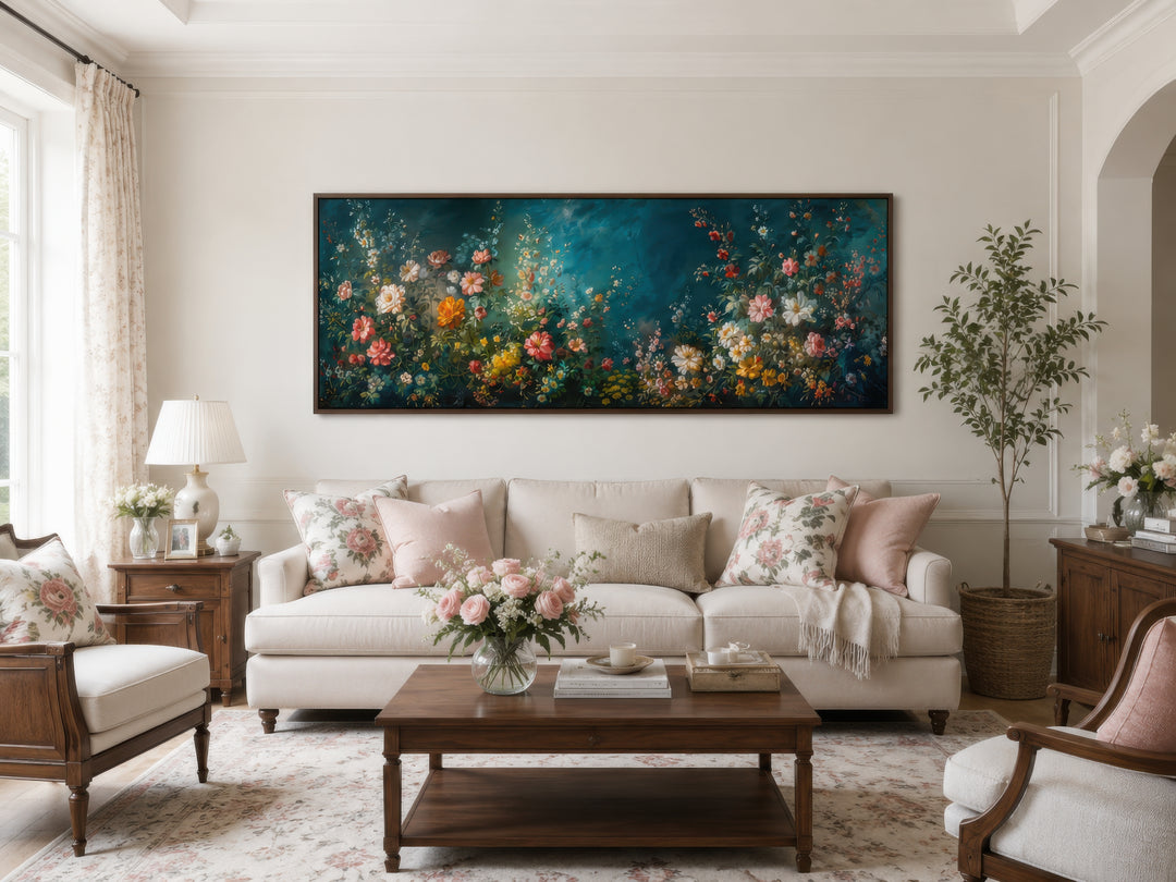 Floral garden on teal background long narrow canvas wall art hanging above a white sofa.