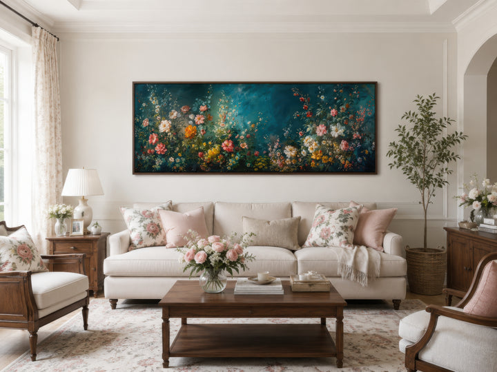 Floral garden on teal background long narrow canvas wall art hanging above a white sofa.