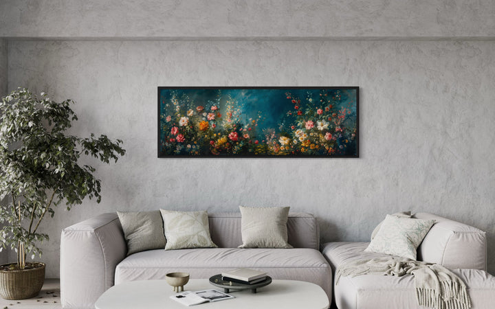 Floral Garden on Teal Background Long Narrow Canvas Wall Art