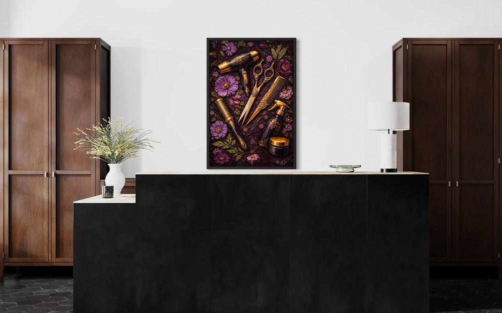 Floral hair salon wall art featuring golden scissors and combs on a dark purple botanical background.